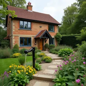 Charming red brick house with lush garden and pathway.