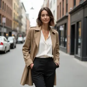 Confident woman in beige coat and black pants standing on city street.