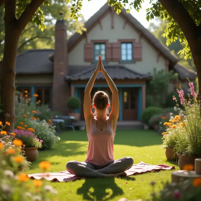 Woman practicing yoga outdoors in a garden with a house in the background, surrounded by flowers and greenery.