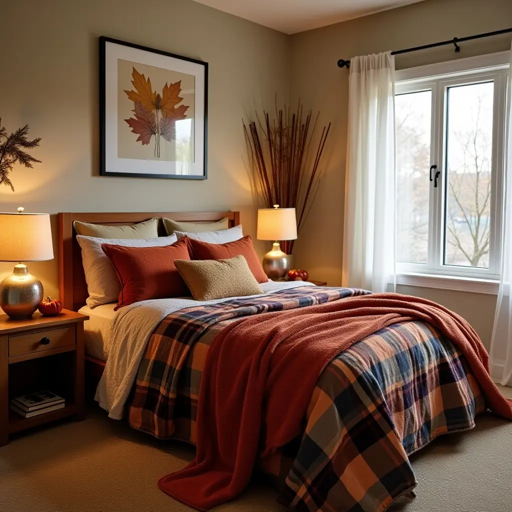 Cozy Bedroom with Plaid and Warm Tones