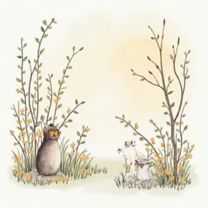 Whimsical illustration of an owl and two rabbits among flowering plants.