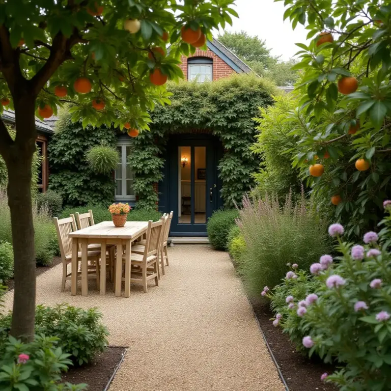 A serene garden patio with a wooden table and chairs, surrounded by greenery and blooming flowers.