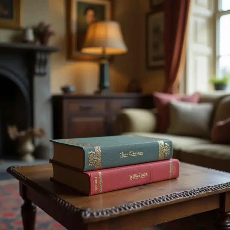 Stack of decorative books on a wooden table in a cozy living room setting.