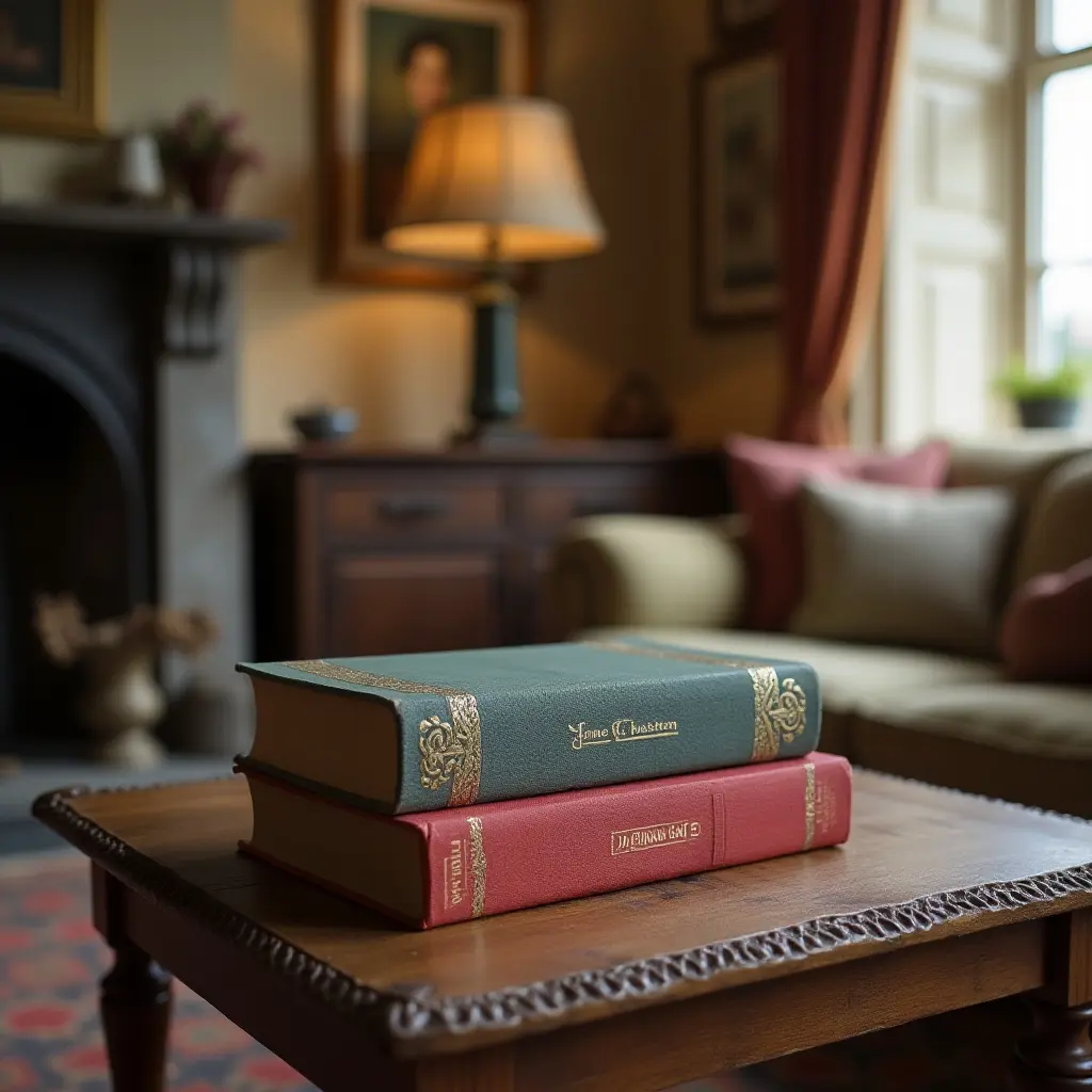 Stack of decorative books on a wooden table in a cozy living room setting.