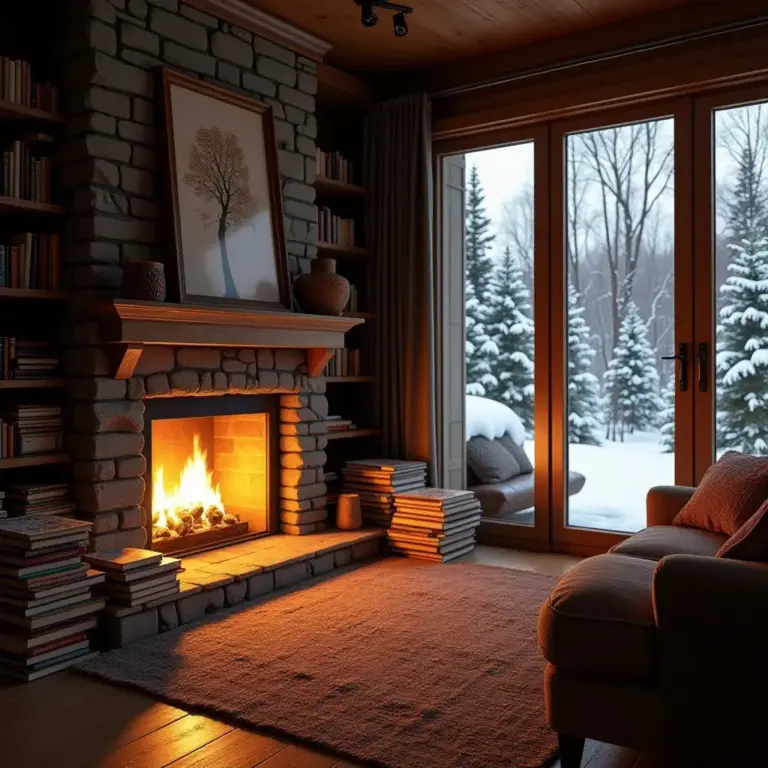 Cozy living room with a stone fireplace and snowy outdoor view.