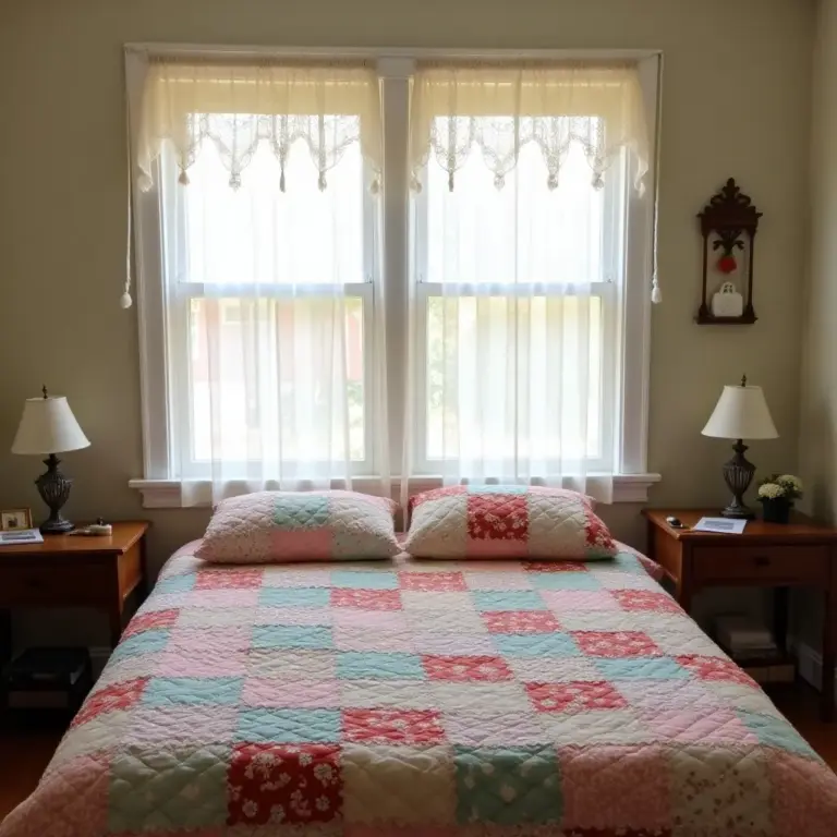 Cozy bedroom with quilted bedspread and light-filled windows.