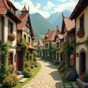 Charming village with flower-adorned houses and mountains in the background.