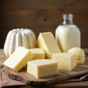 Various types of cheese and a glass bottle of milk on a wooden cutting board.