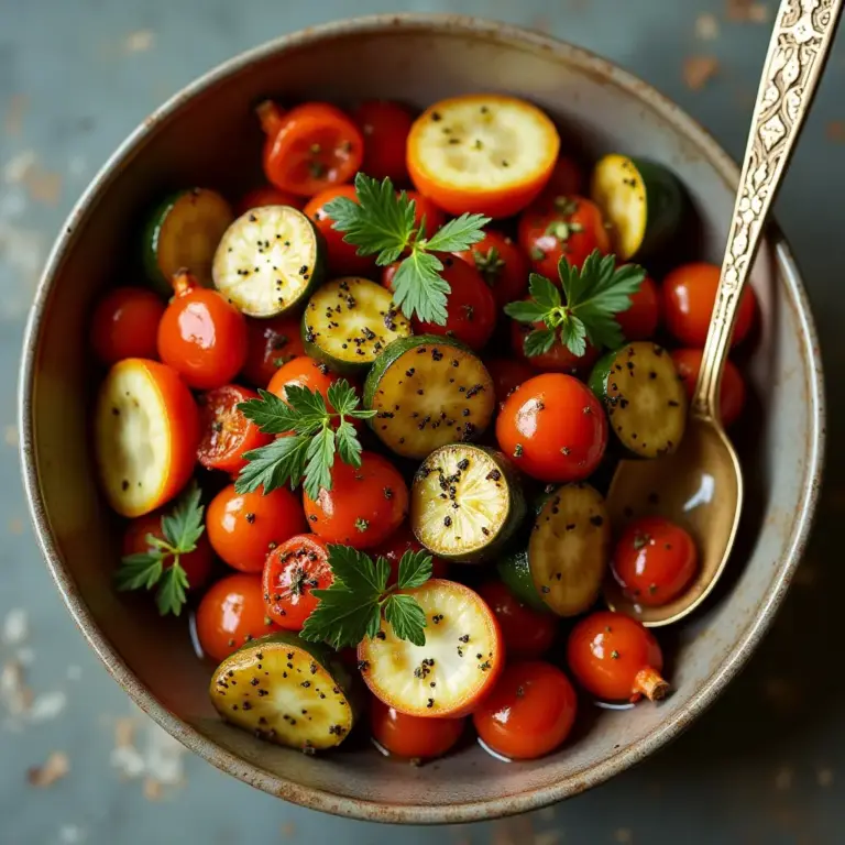 Bowl of cherry tomatoes and sliced zucchini garnished with herbs.