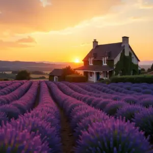 Lavender fields in bloom at sunset with a quaint house in the background.