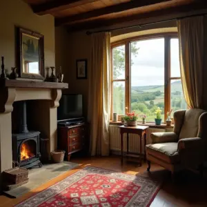 Cozy living room with a fireplace, window view, and floral decorations.