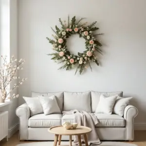 Cozy living room with a floral wreath above a light sofa and a decorative table.