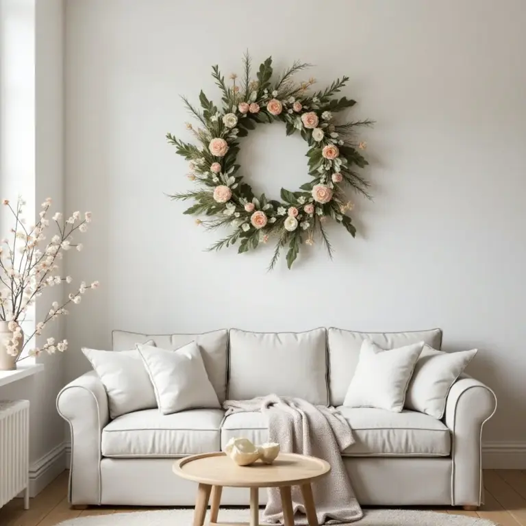 Cozy living room with a floral wreath above a light sofa and a decorative table.