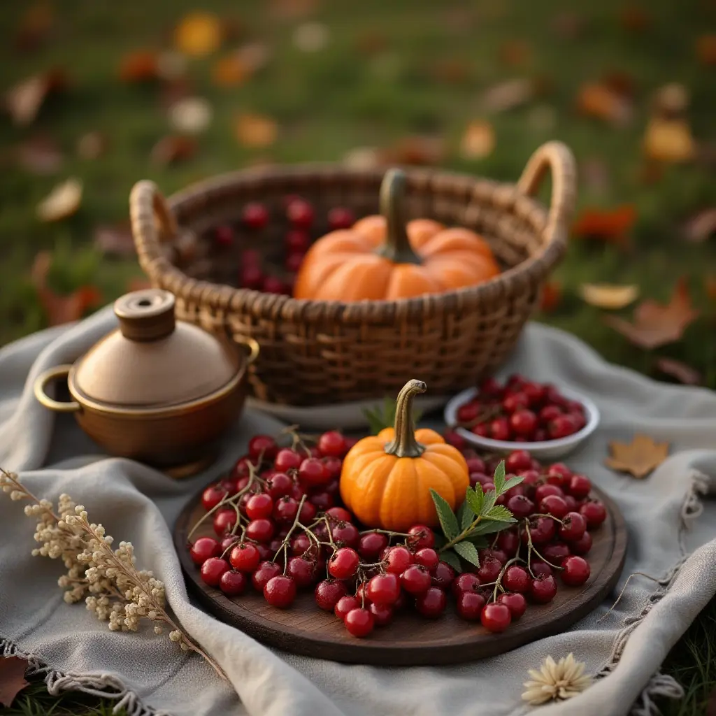 Autumn display of pumpkins and red berries in a rustic setting.