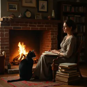 A woman writes by a fireplace with a black cat nearby and stacks of books around her.