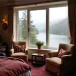 Cozy room with two chairs by a lake view window.