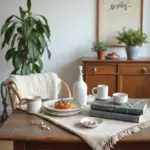 Cozy dining setting with tea, baked goods, and plants on a wooden table.