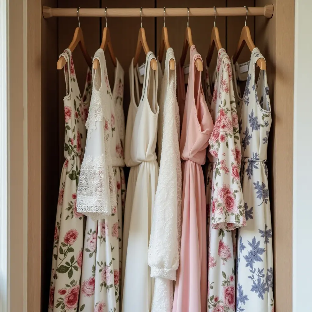 A closet displaying various floral and solid color dresses on hangers.