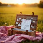 A picnic basket with plates and utensils on a checkered blanket at sunset.