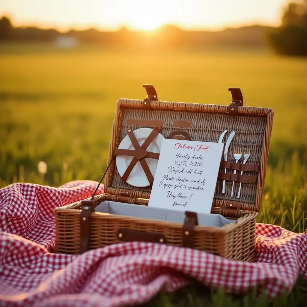 A picnic basket with plates and utensils on a checkered blanket at sunset.