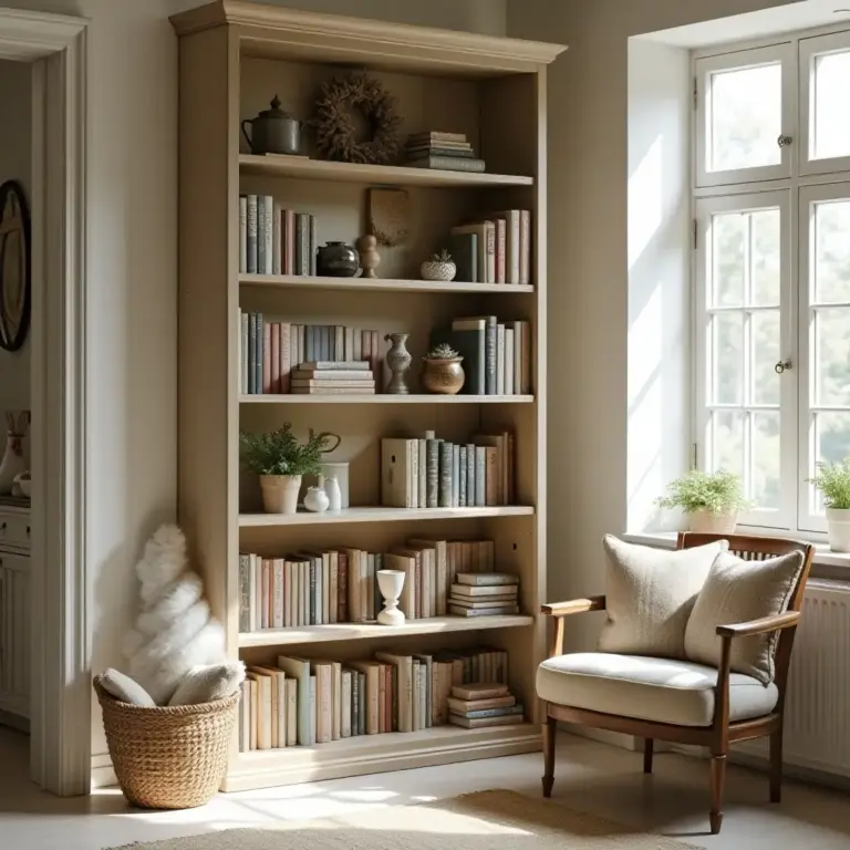 Cozy room with a wooden bookshelf, armchair, and natural light from a window.