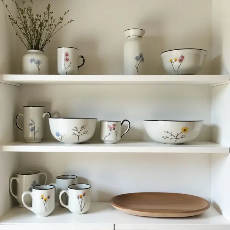 White ceramic dishes and vases with floral designs arranged on wooden shelves.