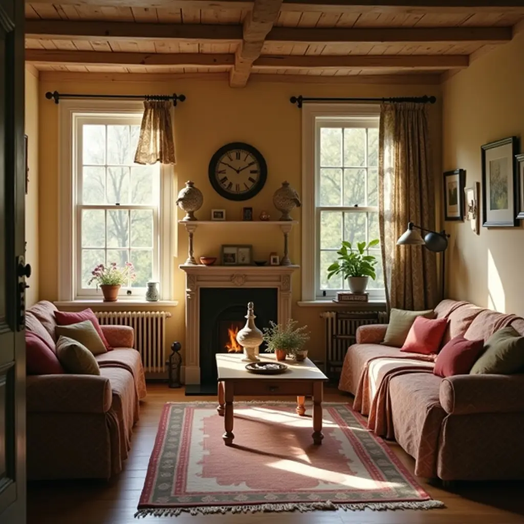 Cozy living room with warm tones, fireplace, and comfortable seating.