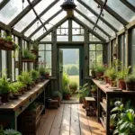 Sunlit greenhouse filled with various potted plants and a view of nature through the open door.