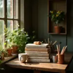 A cozy scene with books, a croissant, plants, and a mug by a window.