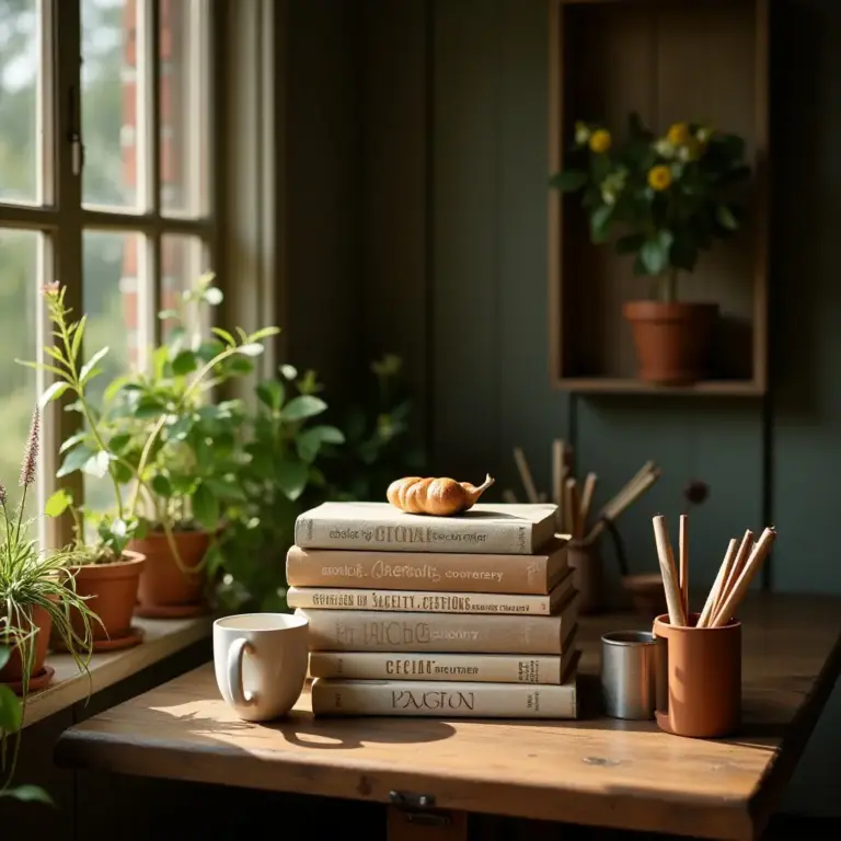 A cozy scene with books, a croissant, plants, and a mug by a window.