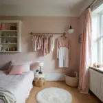 Cozy bedroom with pink decor, hanging clothes, and natural light.