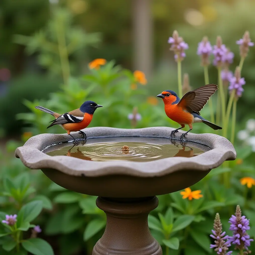 A charming birdbath in a cottagecore garden