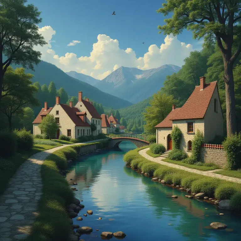 Idyllic village by a river, surrounded by mountains and lush greenery.