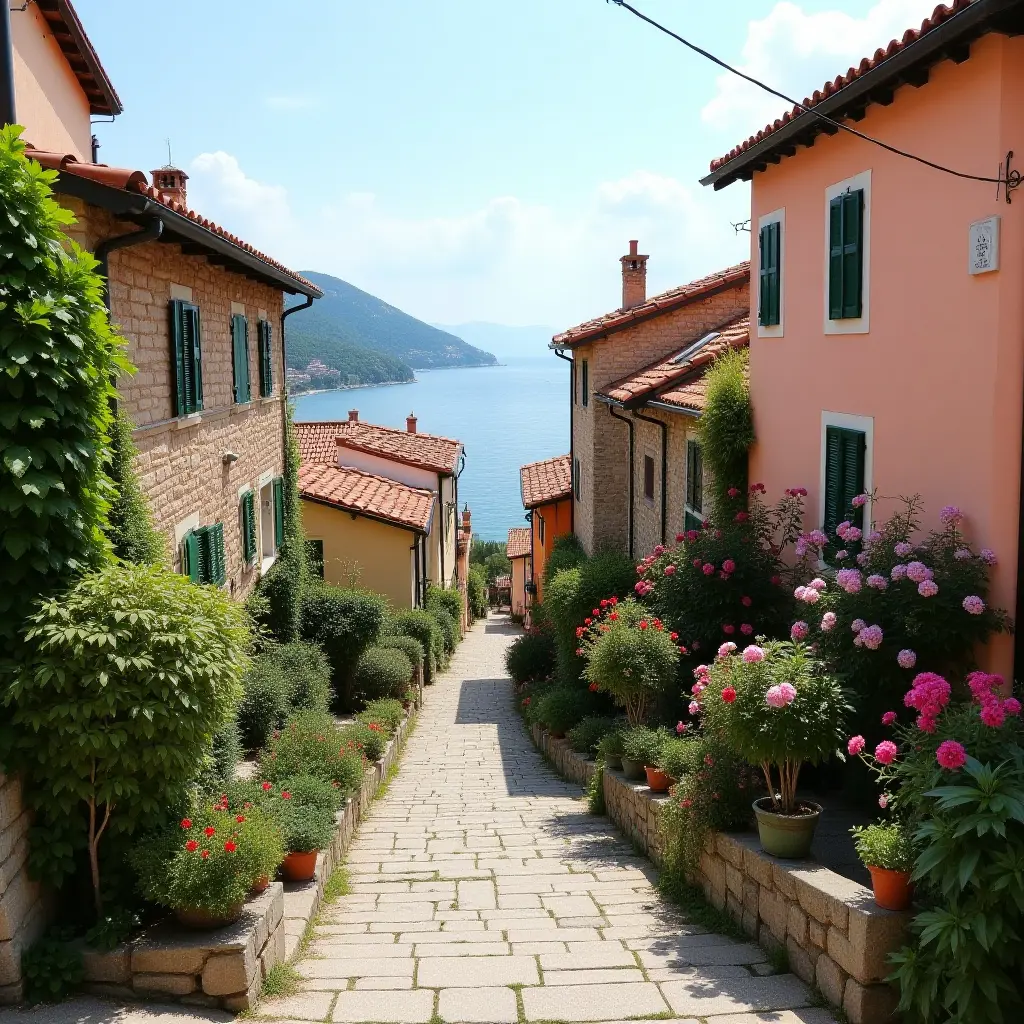 Scenic coastal pathway lined with charming houses and vibrant flowers.