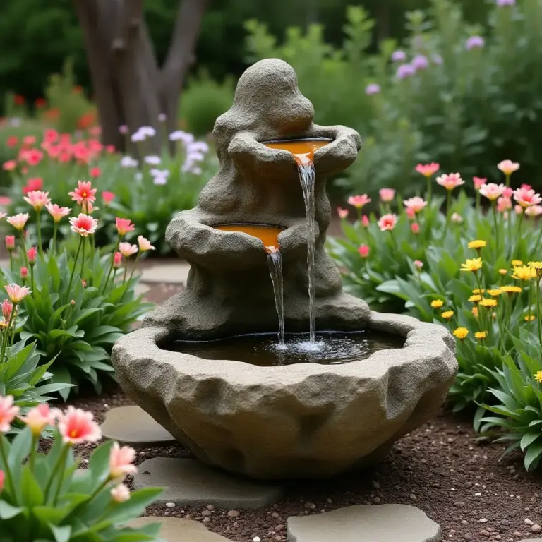 Stone water fountain surrounded by colorful flowers in a serene garden setting.