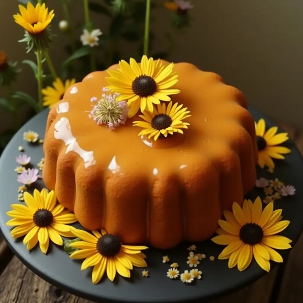 An orange cake topped with flowers on a dark plate.