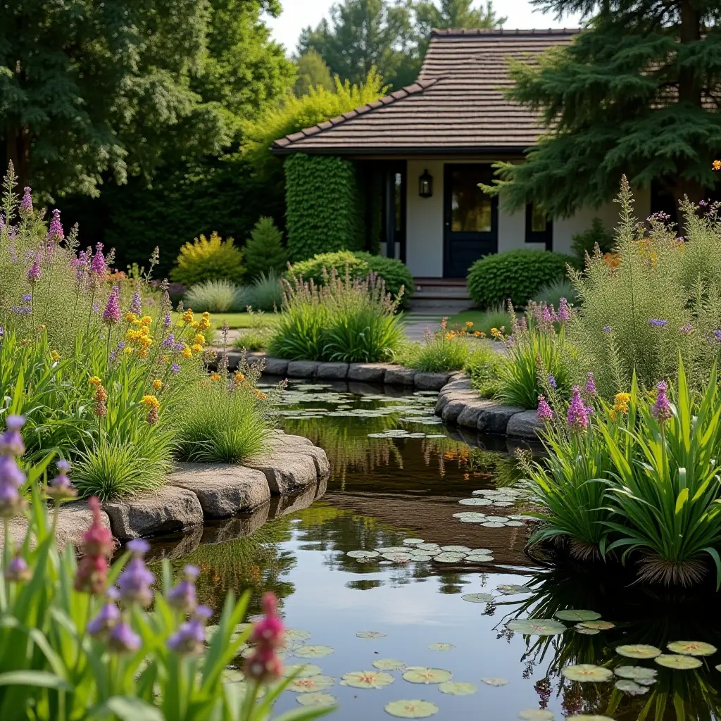 A tranquil small pond in a cottagecore garden