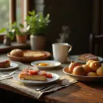 A cozy breakfast table with cake, fruits, and coffee. Natural light illuminates the scene.