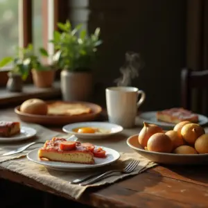 A cozy breakfast table with cake, fruits, and coffee. Natural light illuminates the scene.