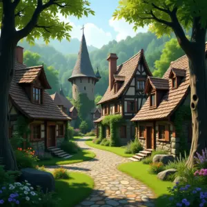 Charming village with stone houses and a towering castle surrounded by lush greenery. Bright, sunny day.