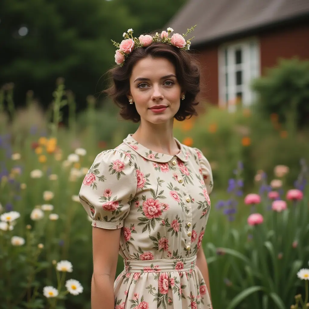 Woman in floral dress and flower crown standing in a vibrant garden.