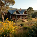 Charming wooden house with a porch, surrounded by yellow flowers and mountains in the background.