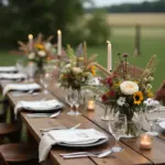 Rustic outdoor dining setup with floral centerpieces and candlelight on a wooden table.