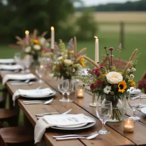 Rustic outdoor dining setup with floral centerpieces and candlelight on a wooden table.